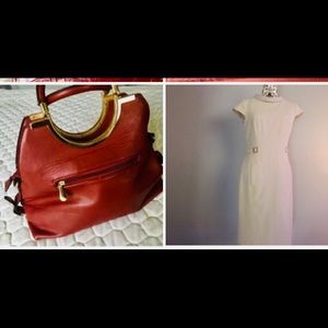 Chrysta B beige dress and red handbag